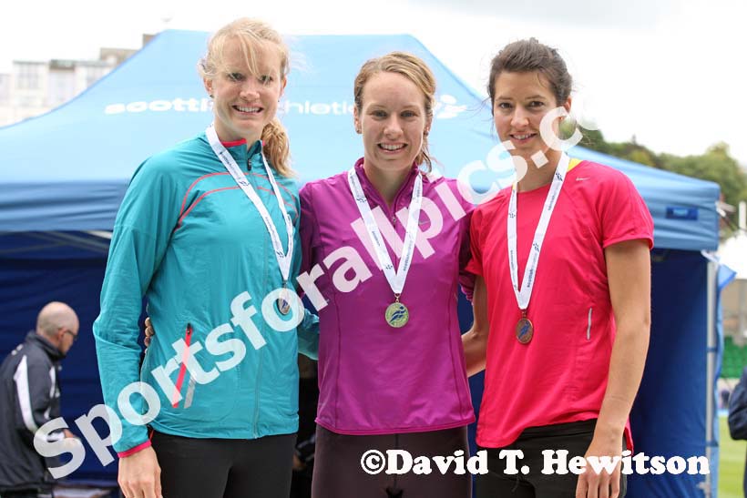 From left to right: 2nd Amy Campbell, winner Steph Twell aand 3rd Morag MacLarty in the 1500 metres at the Scottish Championships, Scotstoun  Stadium, Glasgow.